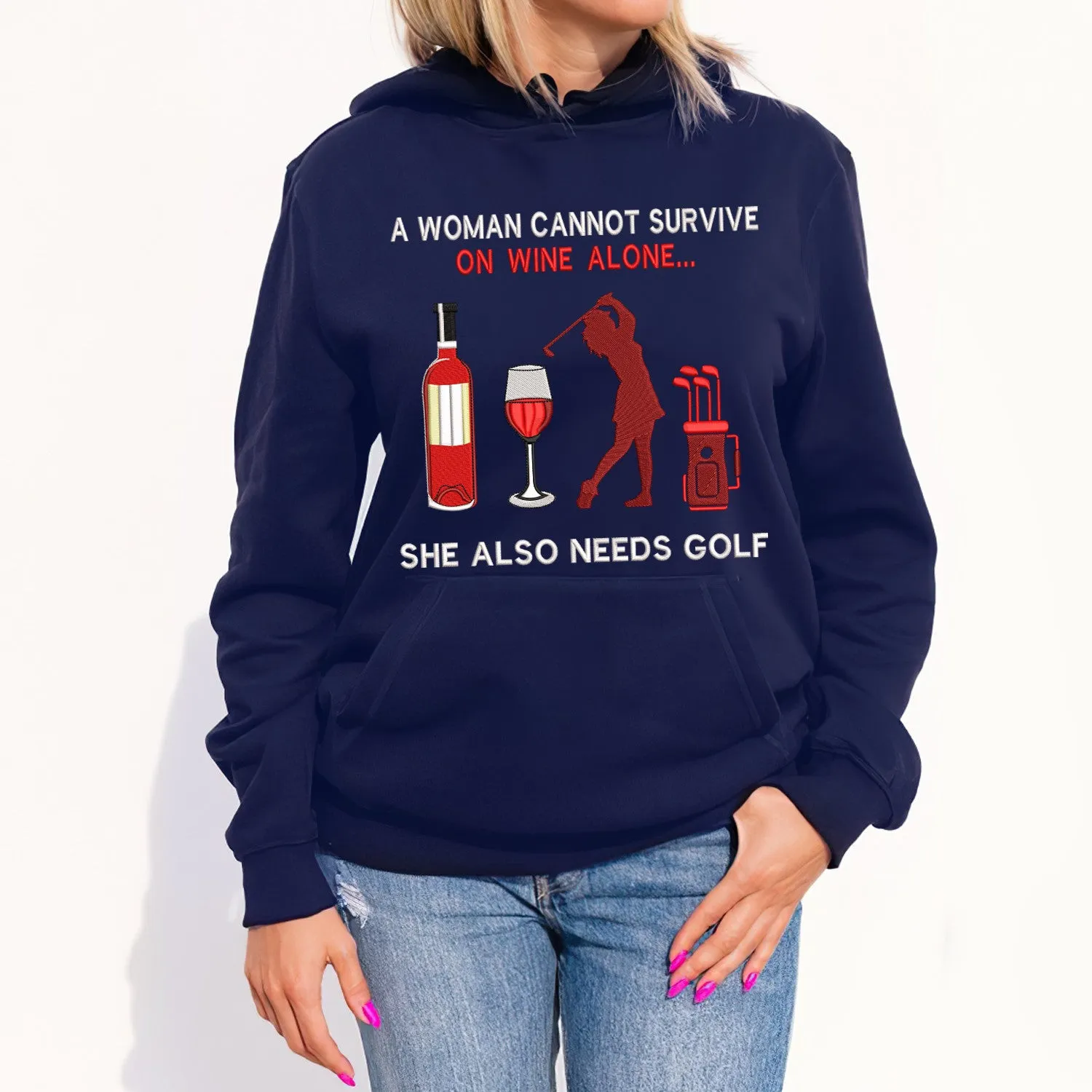 Golf And Wine Embroidered Sweatshirt - Embroidered Hoodie Tad
