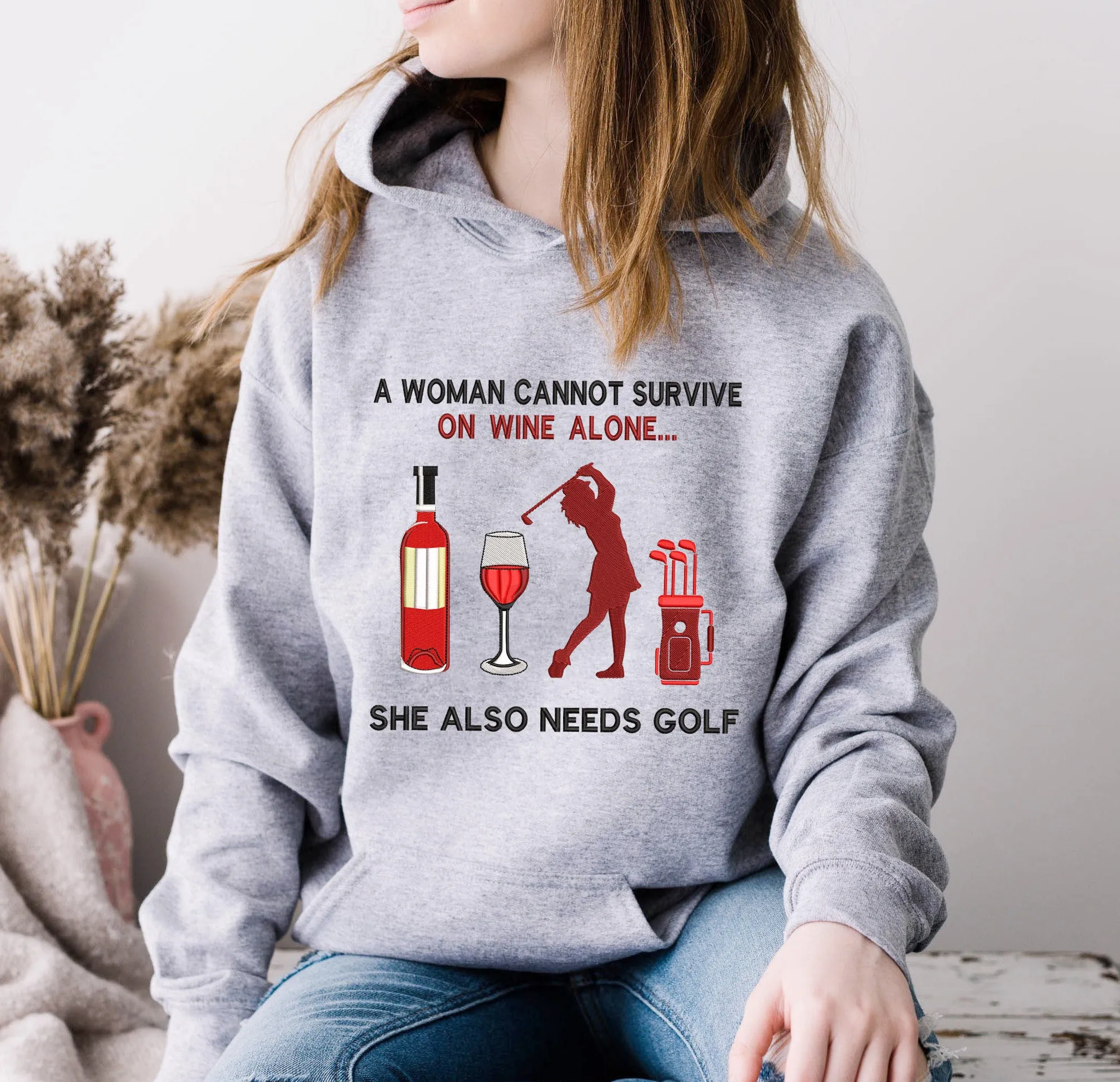 Golf And Wine Embroidered Sweatshirt - Embroidered Hoodie Tad