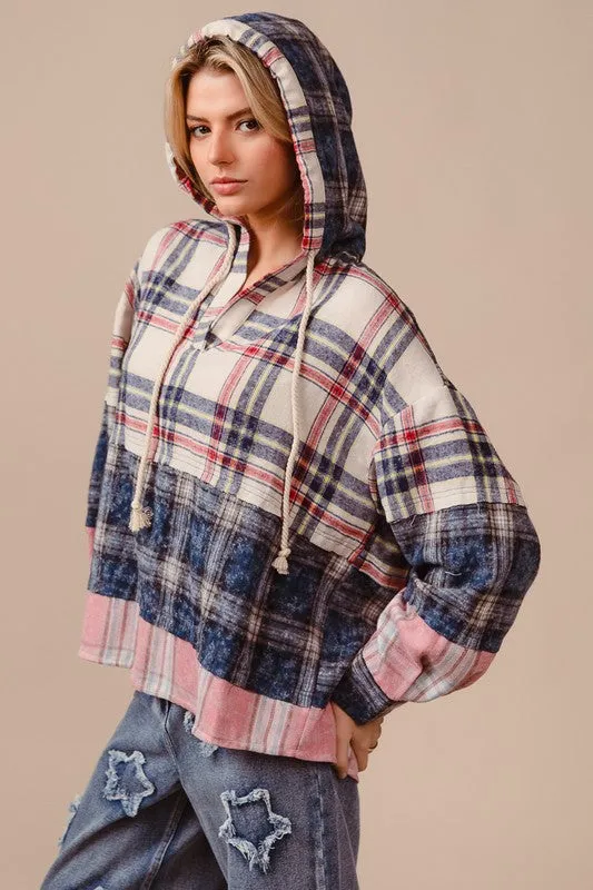 Hazel Blues® |  BiBi Drawstring Plaid Drop Shoulder Hoodie