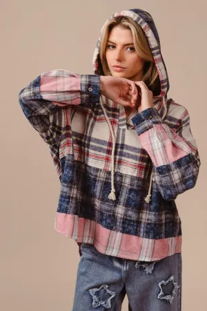 Hazel Blues® |  BiBi Drawstring Plaid Drop Shoulder Hoodie