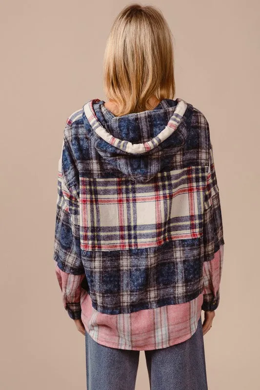 Hazel Blues® |  BiBi Drawstring Plaid Drop Shoulder Hoodie