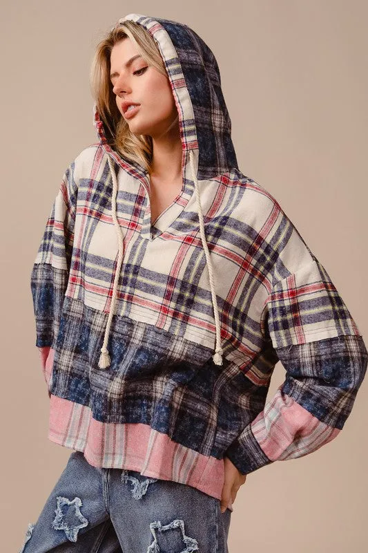 Hazel Blues® |  BiBi Drawstring Plaid Drop Shoulder Hoodie