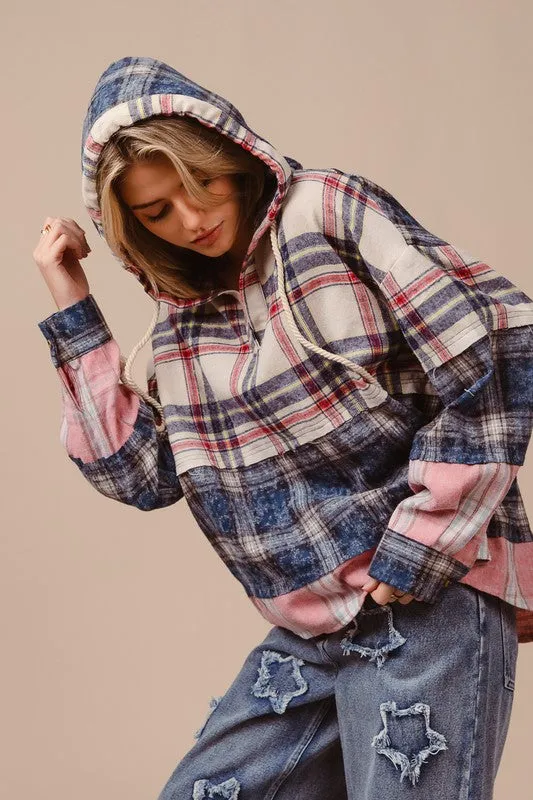 Hazel Blues® |  BiBi Drawstring Plaid Drop Shoulder Hoodie