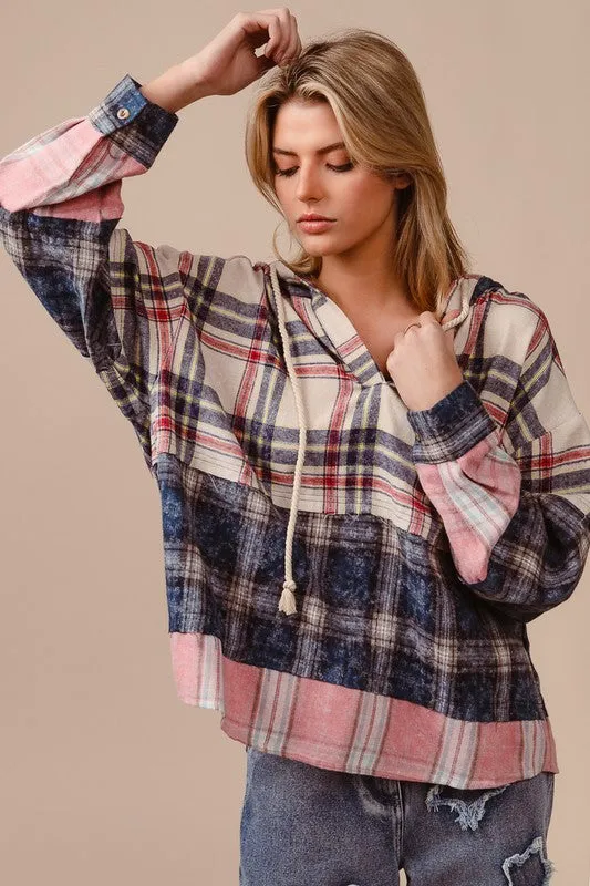 Hazel Blues® |  BiBi Drawstring Plaid Drop Shoulder Hoodie