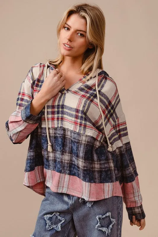 Hazel Blues® |  BiBi Drawstring Plaid Drop Shoulder Hoodie