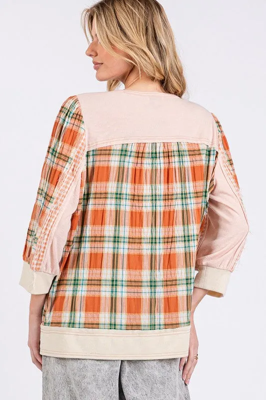 Hazel Blues® |  SAGE   FIG Exposed Seam Button Detail Plaid Top