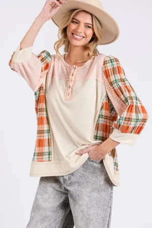 Hazel Blues® |  SAGE   FIG Exposed Seam Button Detail Plaid Top