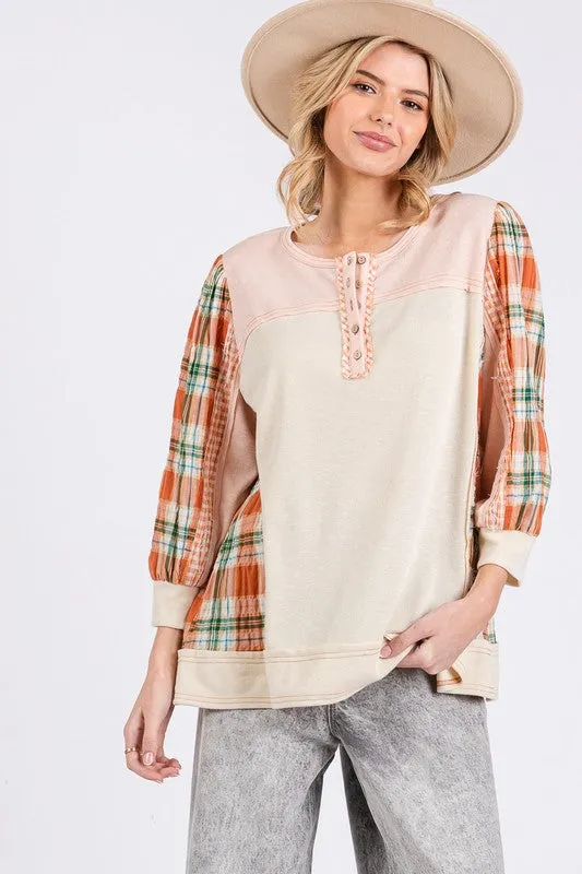 Hazel Blues® |  SAGE   FIG Exposed Seam Button Detail Plaid Top