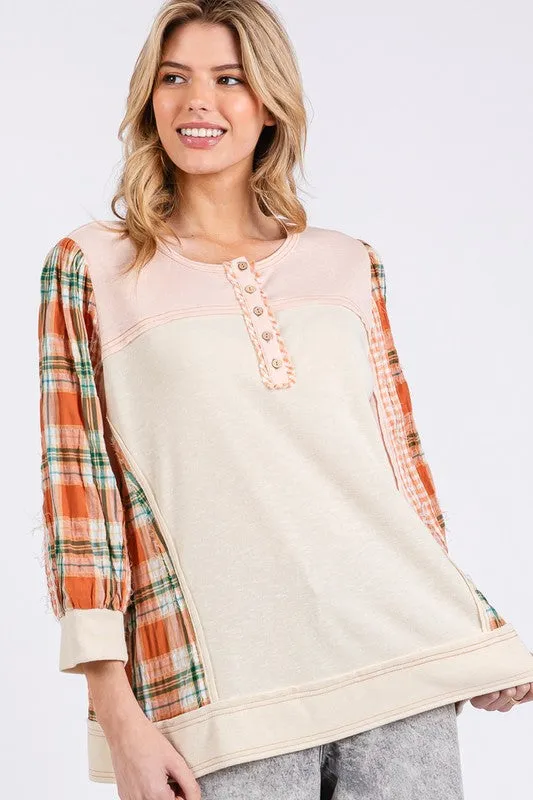Hazel Blues® |  SAGE   FIG Exposed Seam Button Detail Plaid Top