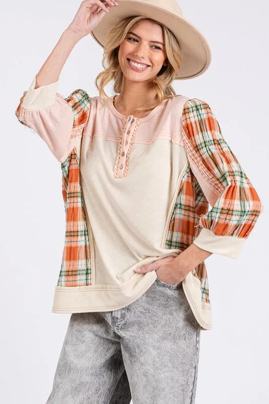 Hazel Blues® |  SAGE   FIG Exposed Seam Button Detail Plaid Top