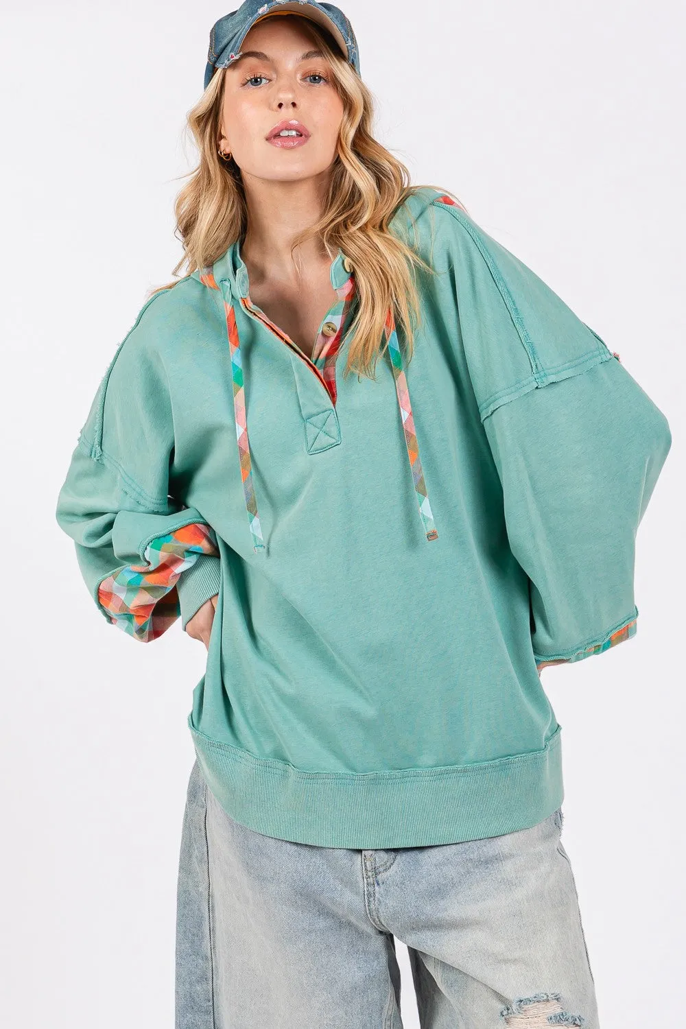 Hazel Blues® |  SAGE   FIG Plaid Print Washed Hoodie