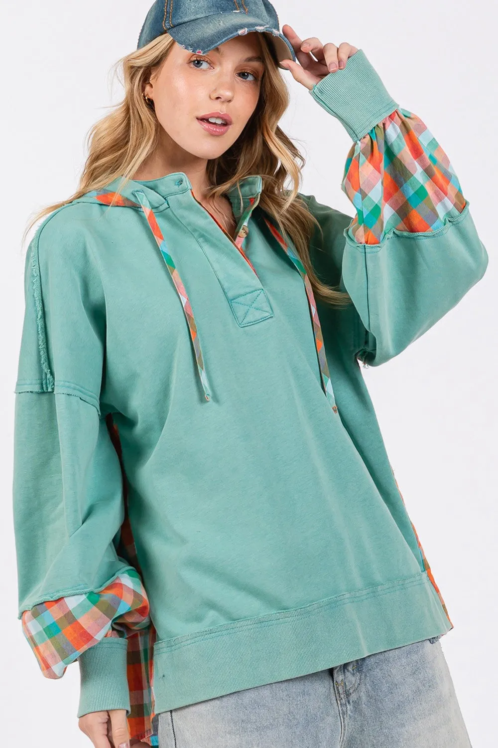 Hazel Blues® |  SAGE   FIG Plaid Print Washed Hoodie