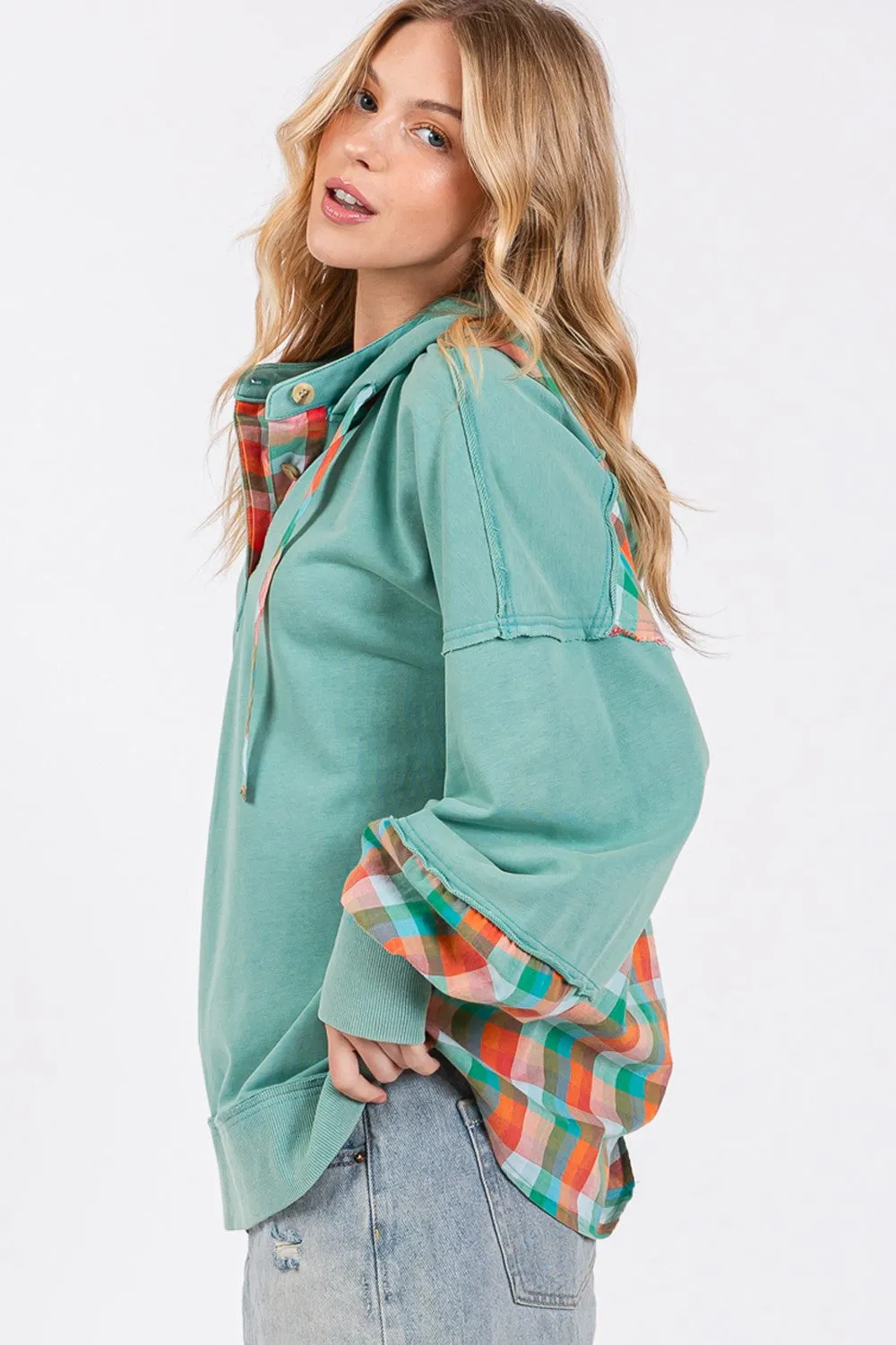 Hazel Blues® |  SAGE   FIG Plaid Print Washed Hoodie