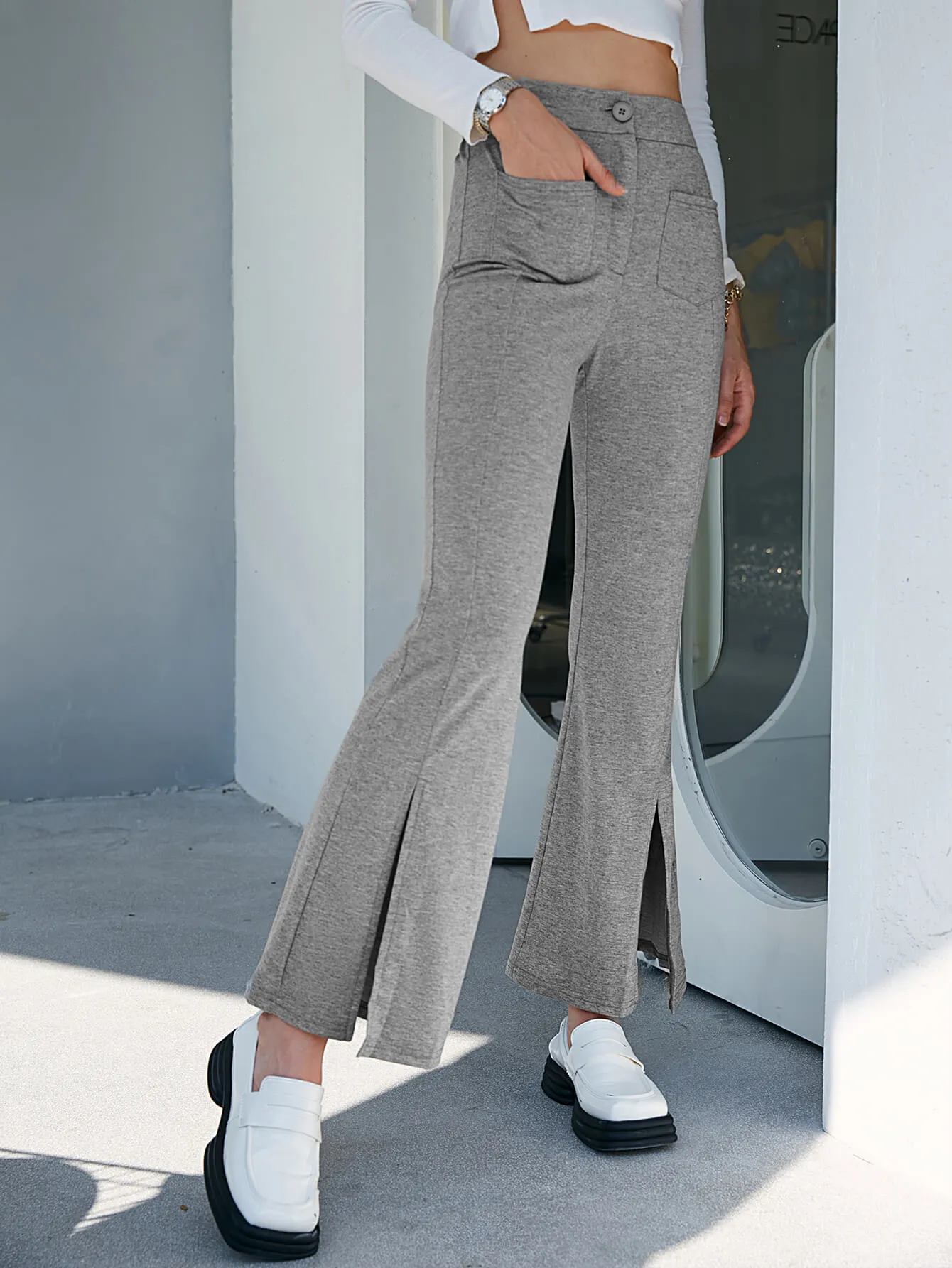 Heathered Slit Ankle Flare Pants