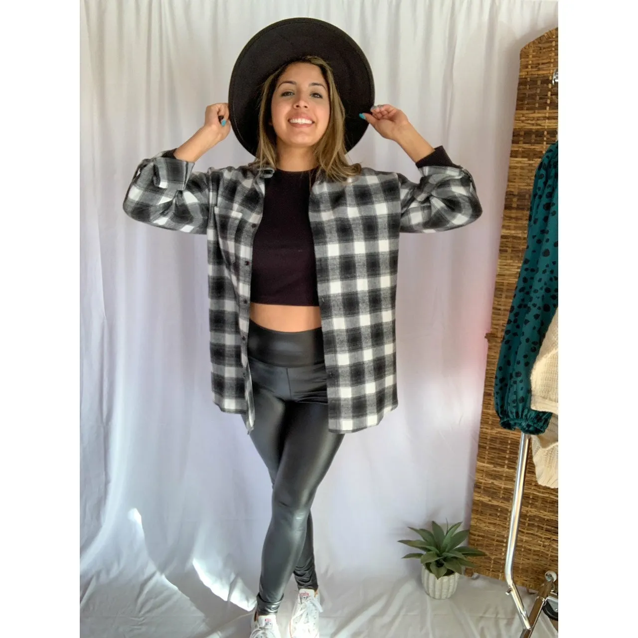 It's That Good Plaid Collared Button Down Shirt - Black/White