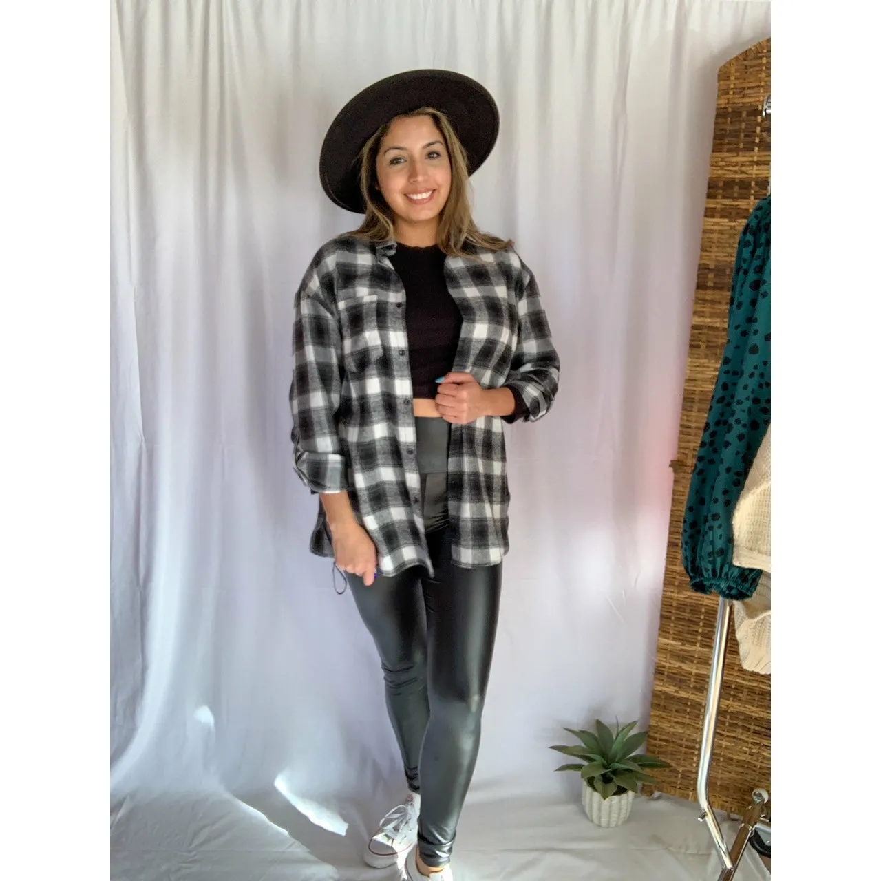 It's That Good Plaid Collared Button Down Shirt - Black/White