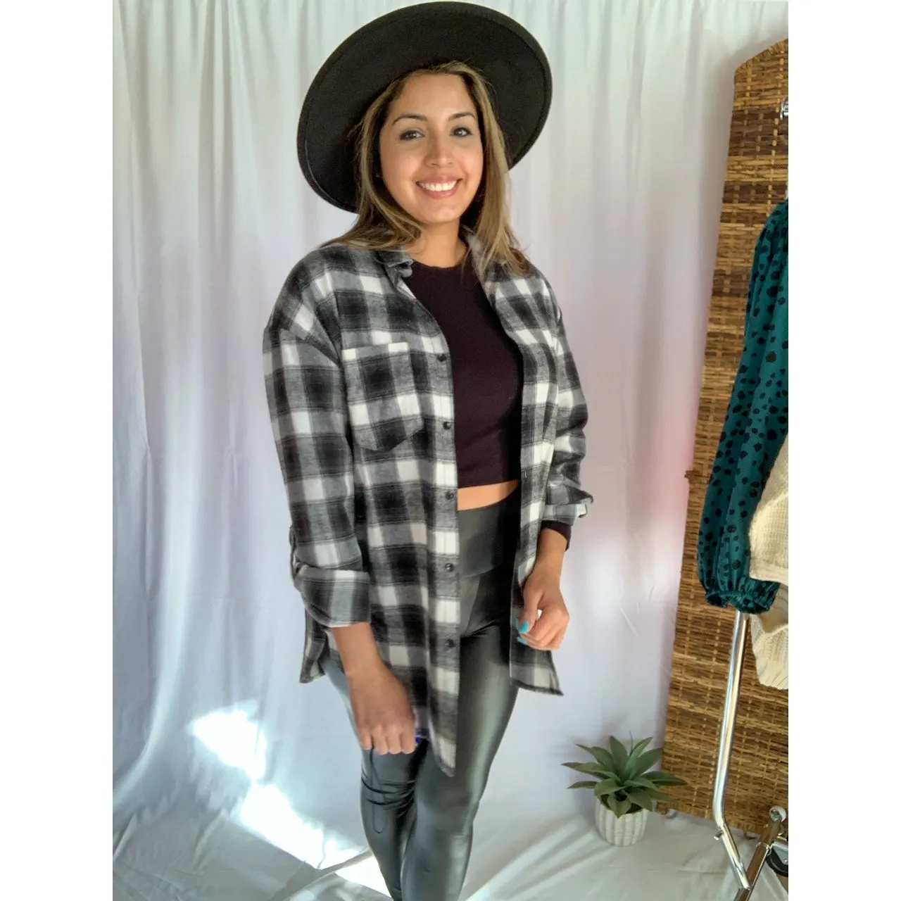 It's That Good Plaid Collared Button Down Shirt - Black/White