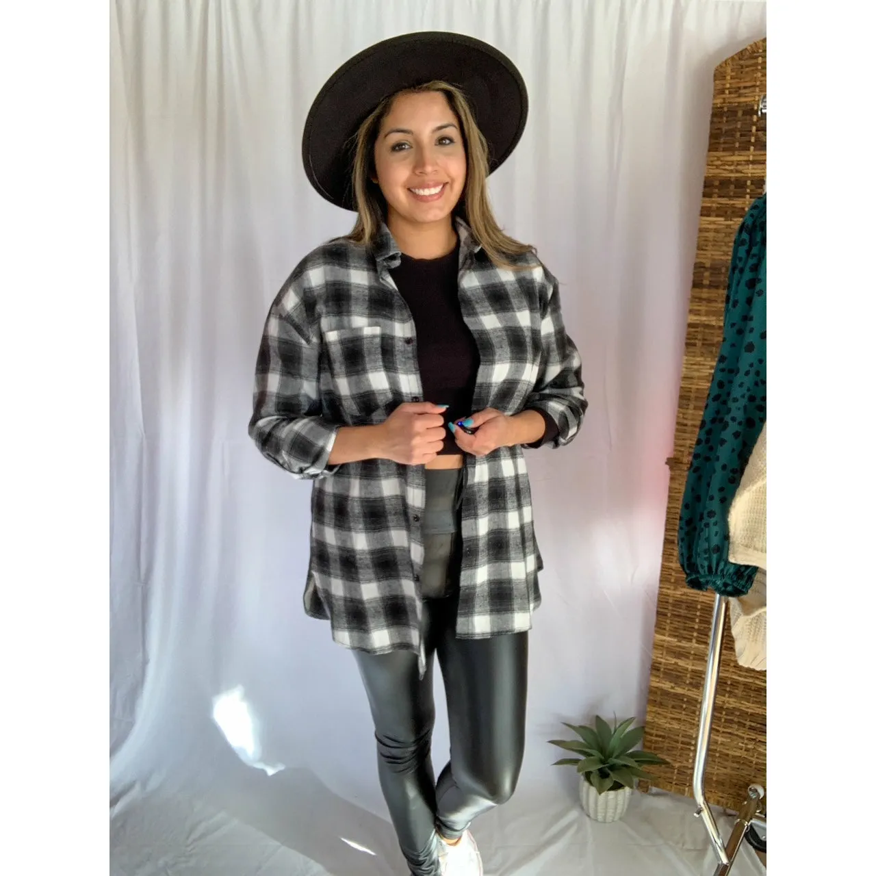 It's That Good Plaid Collared Button Down Shirt - Black/White