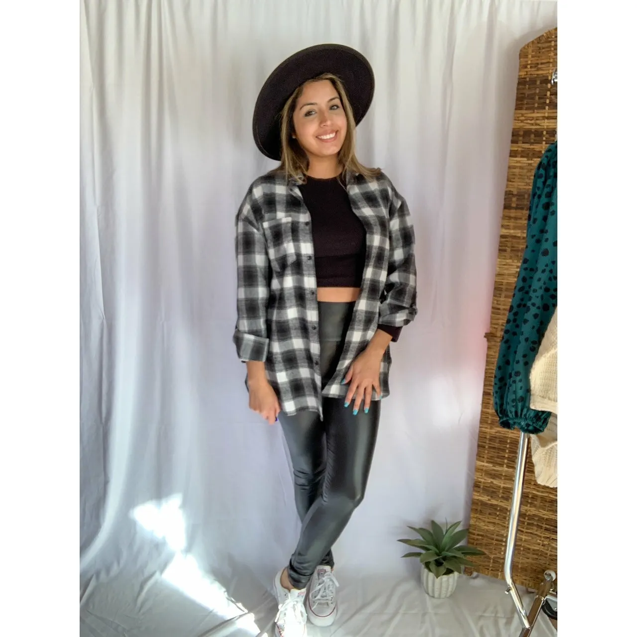 It's That Good Plaid Collared Button Down Shirt - Black/White