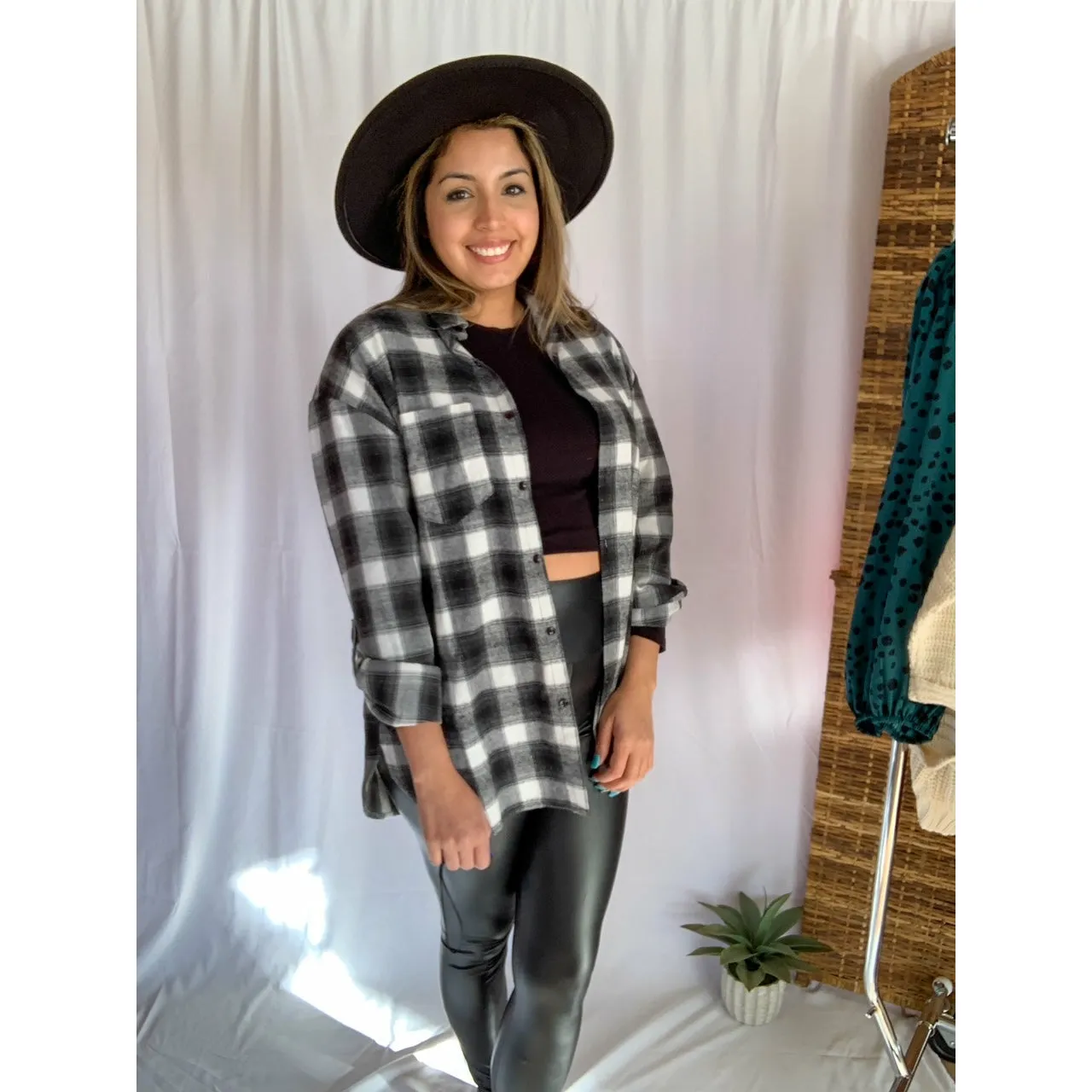 It's That Good Plaid Collared Button Down Shirt - Black/White