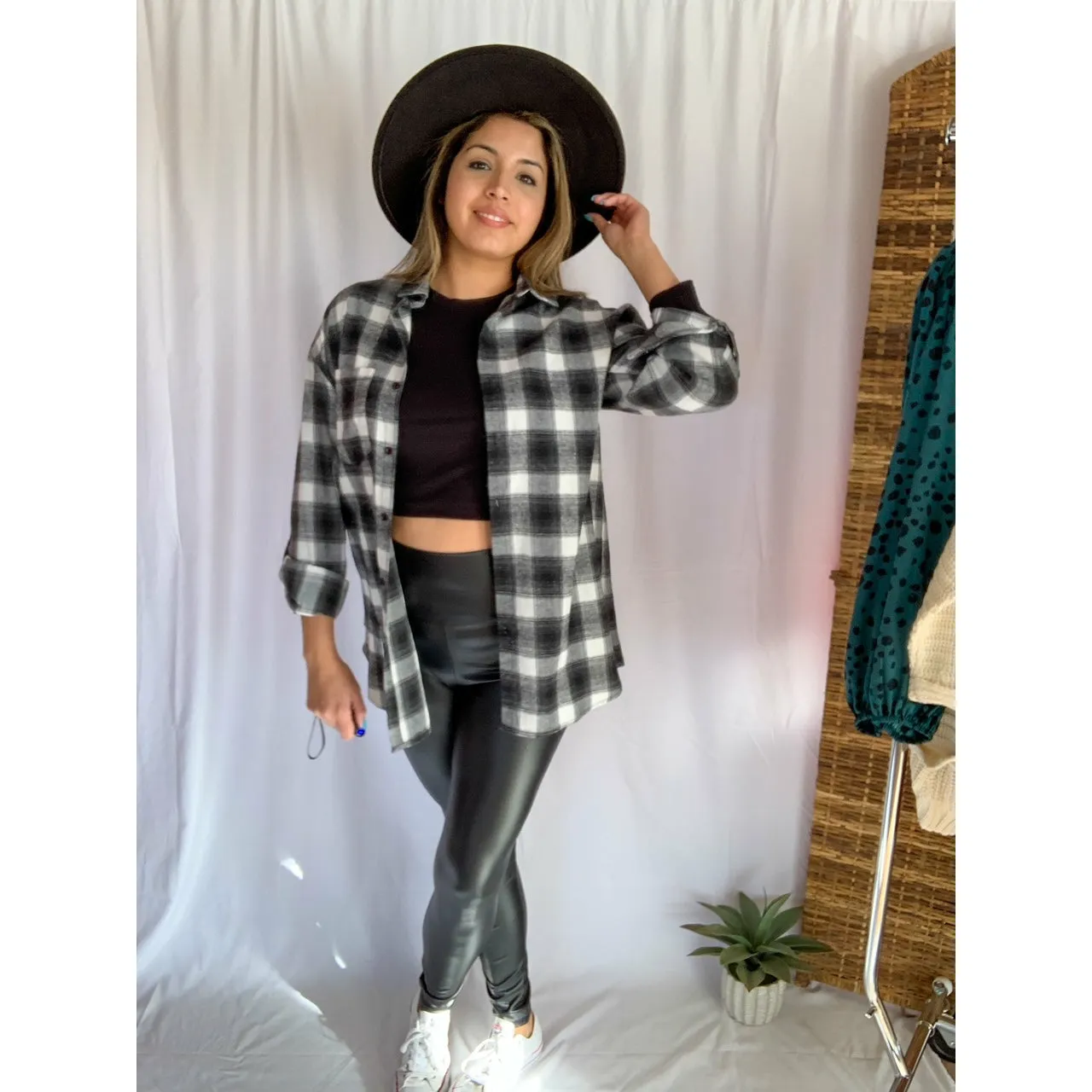 It's That Good Plaid Collared Button Down Shirt - Black/White