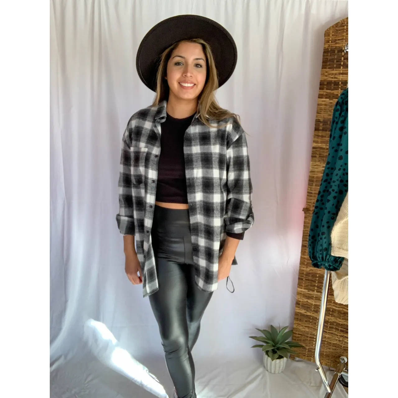 It's That Good Plaid Collared Button Down Shirt - Black/White