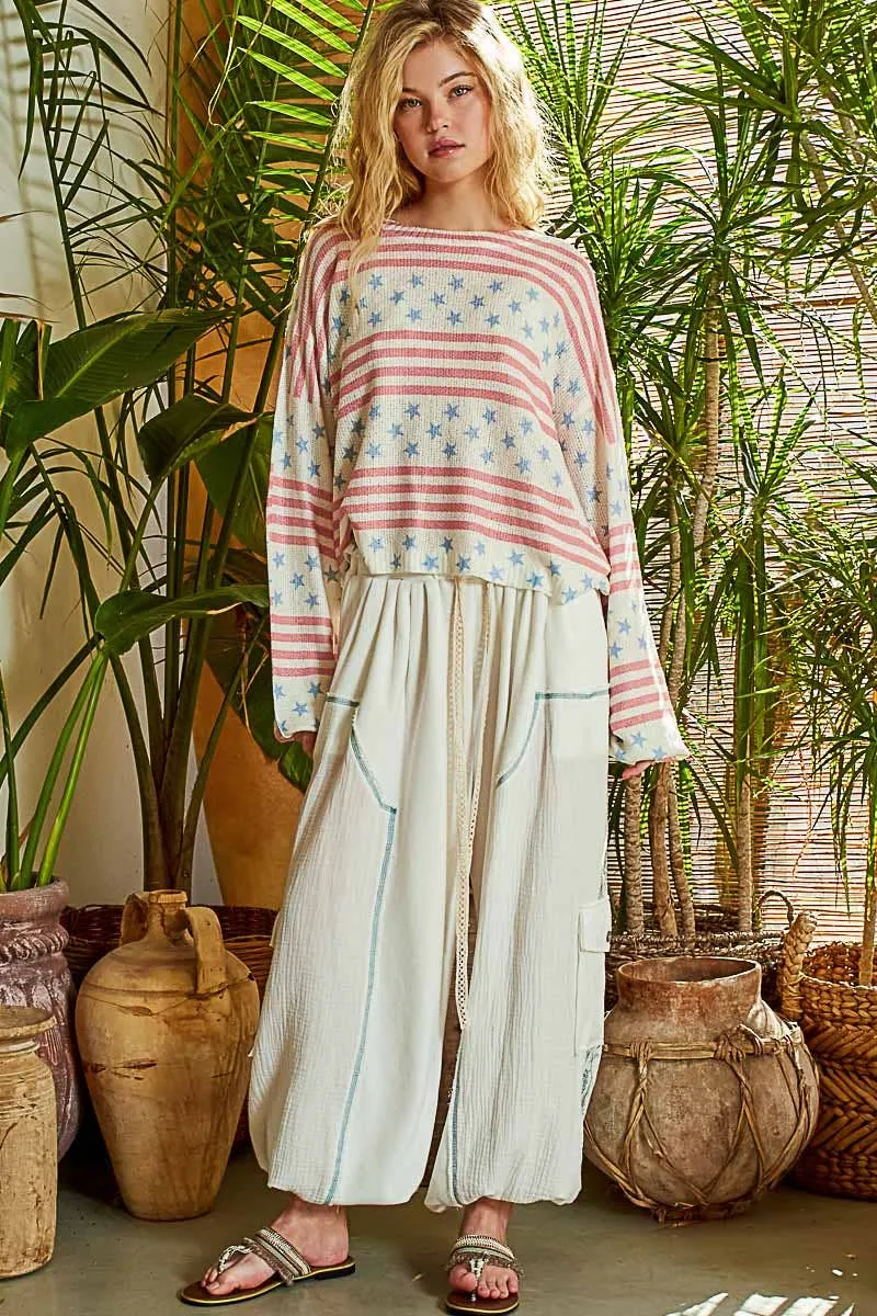 Ivory Multi Long sleeve striped star thin sweater Pol Top