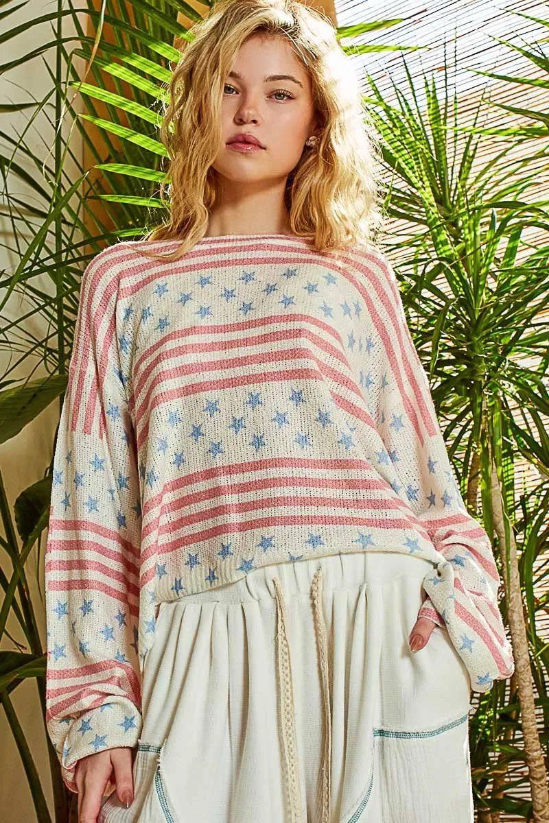 Ivory Multi Long sleeve striped star thin sweater Pol Top