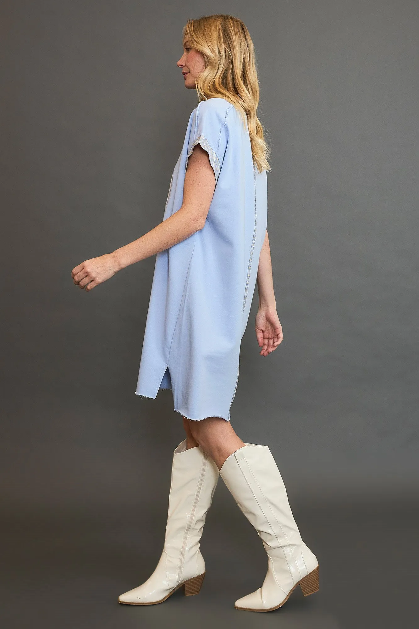 Light Blue Peace Plaid Applique Short Sleeve Mini Dress