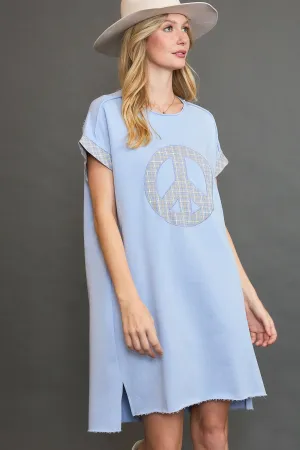 Light Blue Peace Plaid Applique Short Sleeve Mini Dress