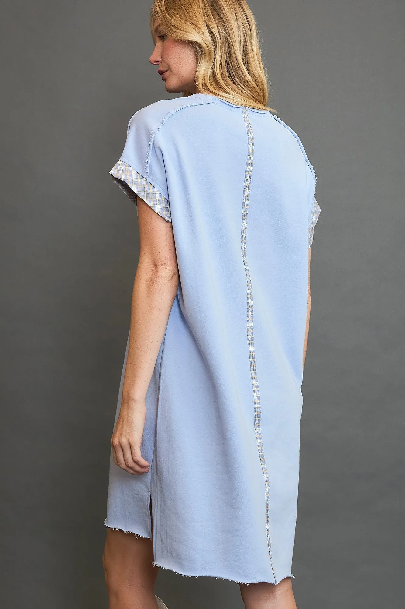 Light Blue Peace Plaid Applique Short Sleeve Mini Dress