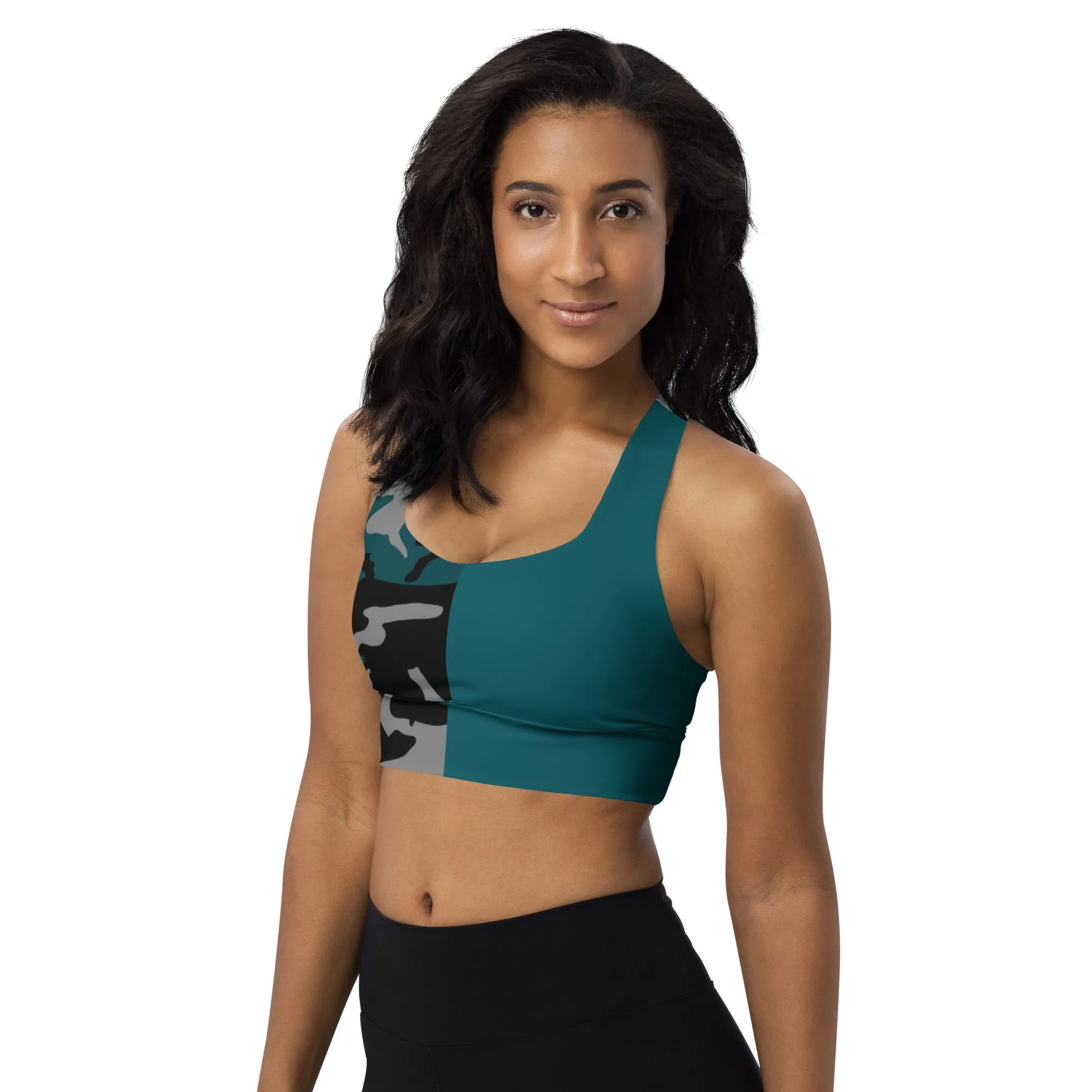 Longline sports bra Gray, Teal, and Black Camouflage