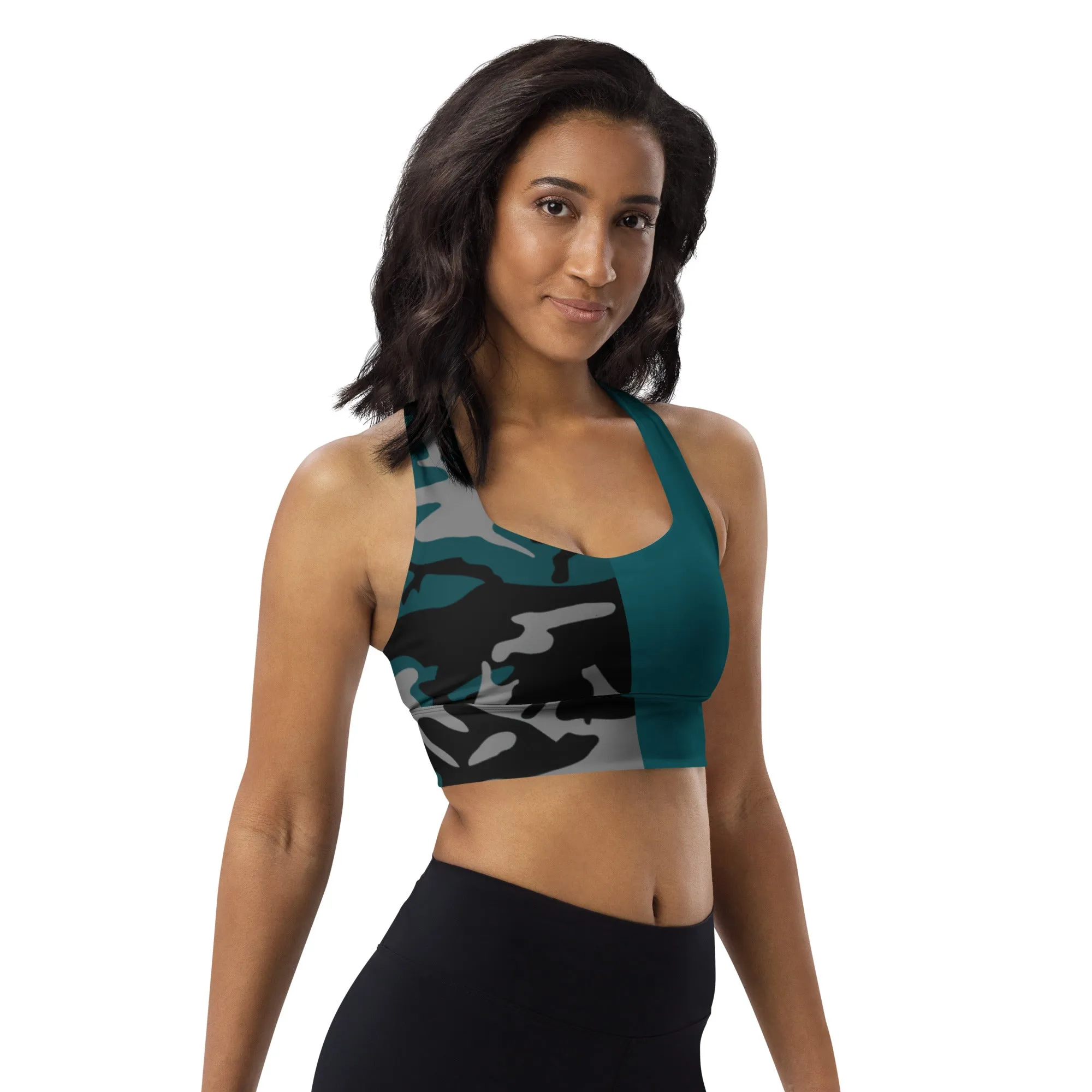 Longline sports bra Gray, Teal, and Black Camouflage