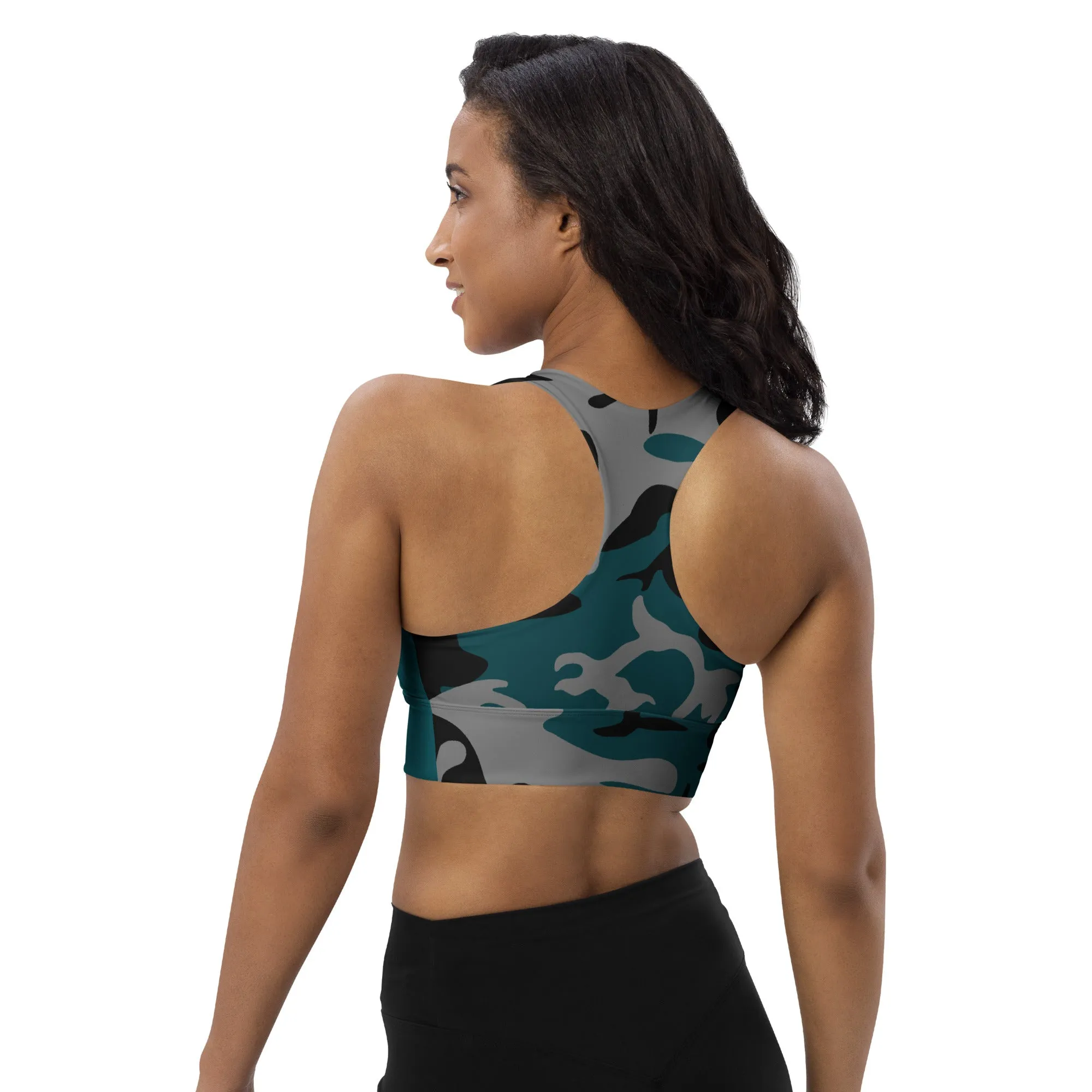 Longline sports bra Gray, Teal, and Black Camouflage