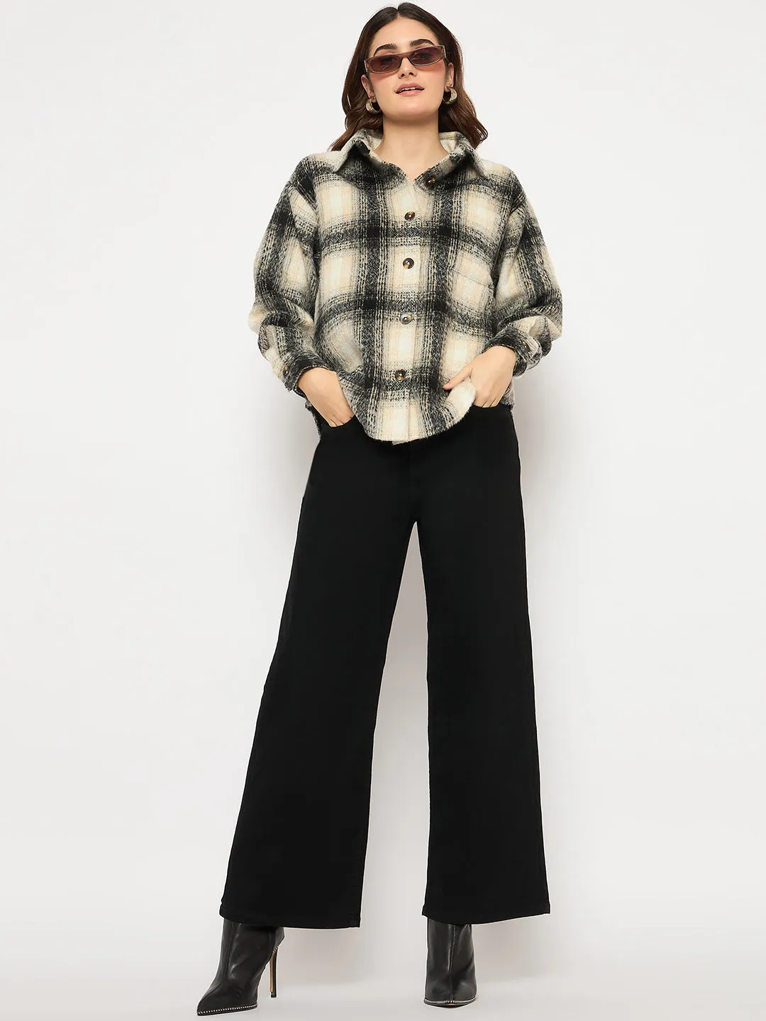 Madame Chequered Rounded Hem Collared Black Shacket