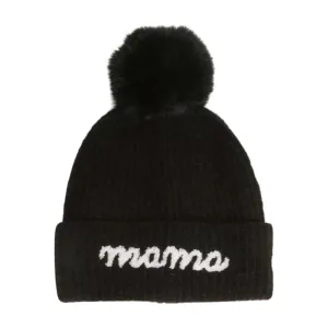 MAMA emb on cuff Knit Beanie with Faux Fur Pom.