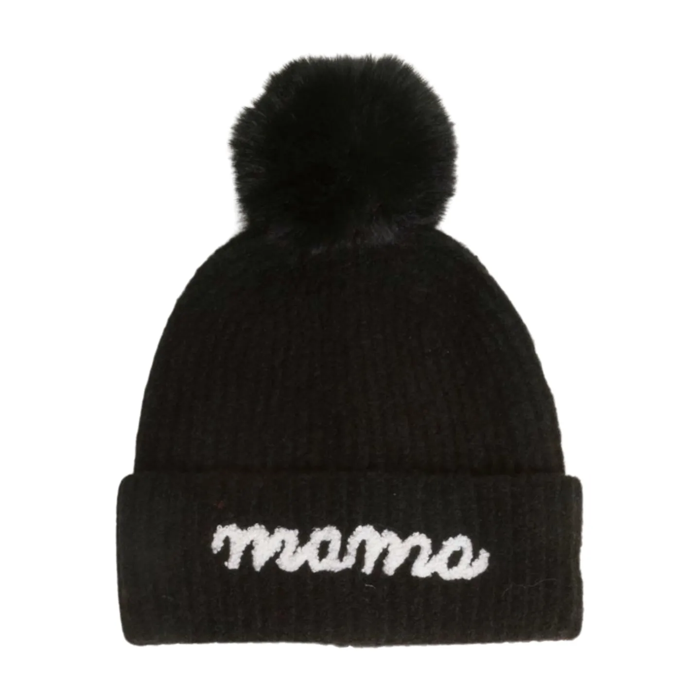 MAMA emb on cuff Knit Beanie with Faux Fur Pom.