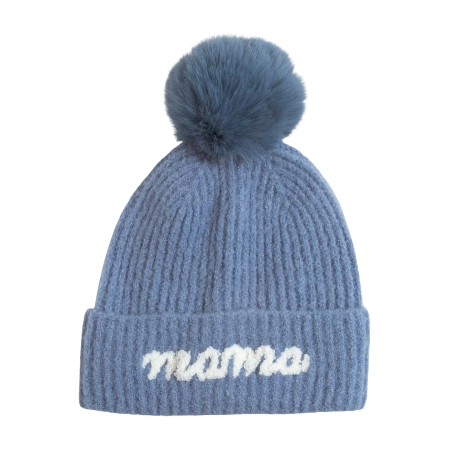 MAMA emb on cuff Knit Beanie with Faux Fur Pom.