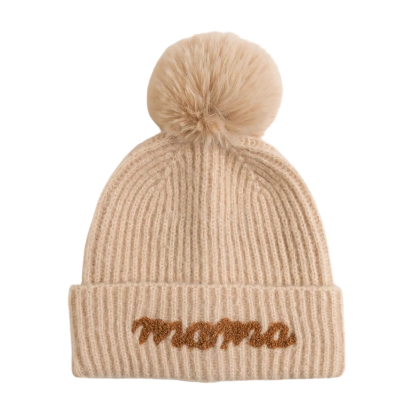 MAMA emb on cuff Knit Beanie with Faux Fur Pom.