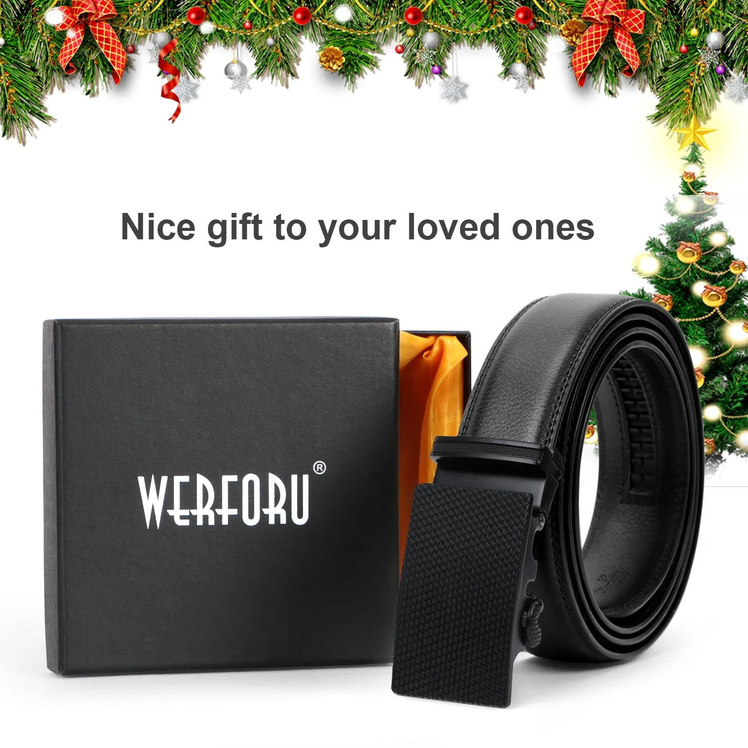Men's Leather Ratchet Dress Belt with Automatic Buckle in Gift Box by JASGOOD