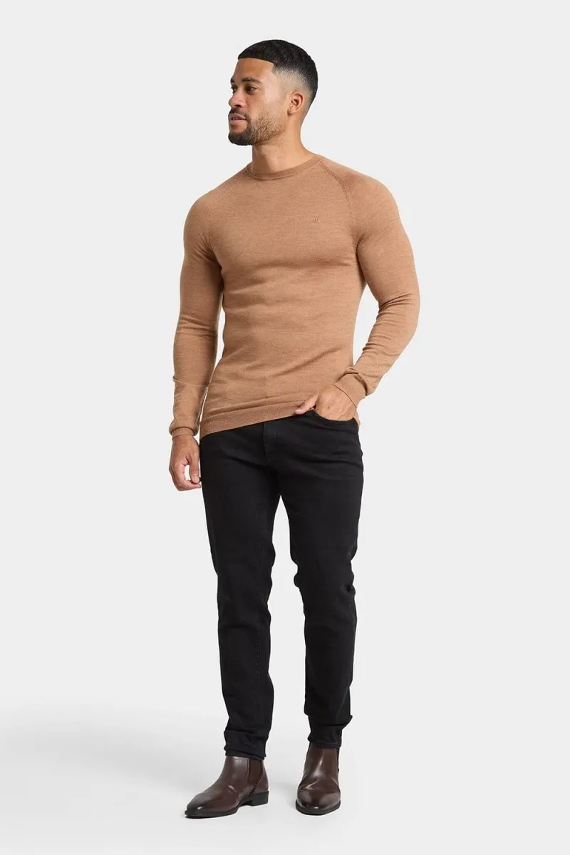 Merino Wool Crew Neck Jumper in Camel