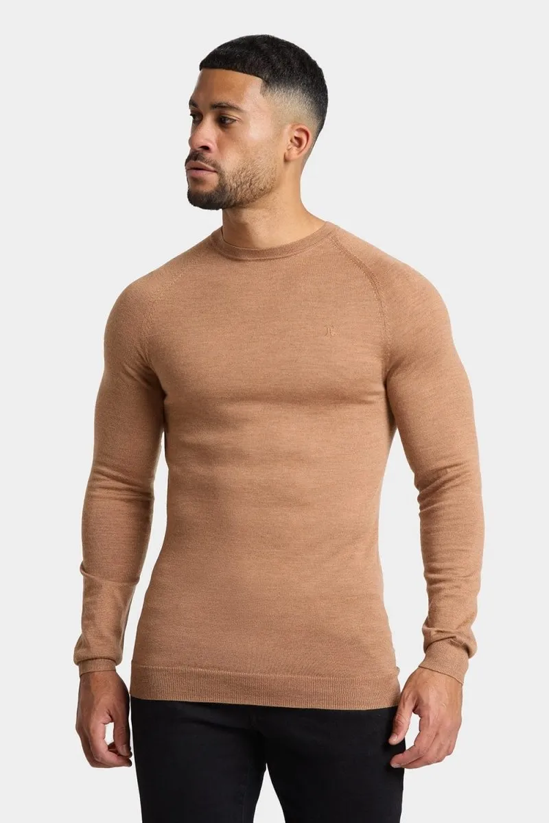 Merino Wool Crew Neck Jumper in Camel