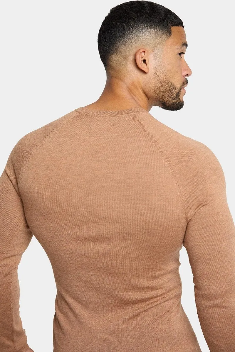 Merino Wool Crew Neck Jumper in Camel