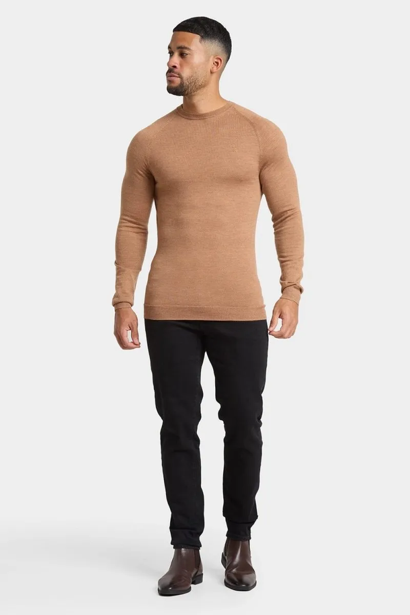 Merino Wool Crew Neck Jumper in Camel