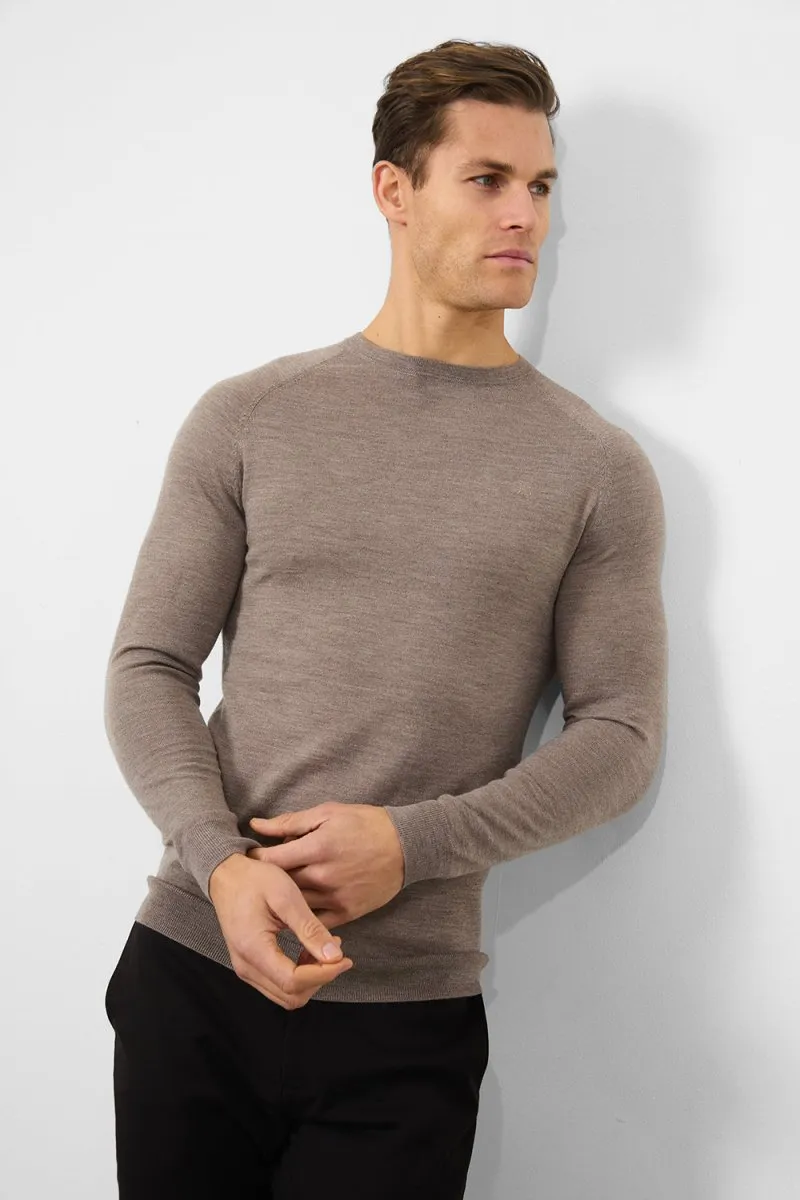 Merino Wool Crew Neck Jumper in Oatmeal Marl