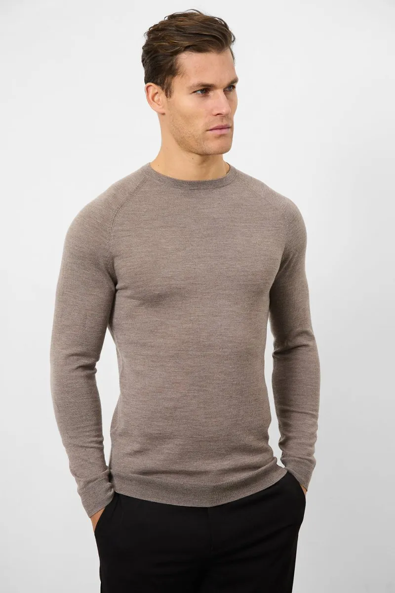Merino Wool Crew Neck Jumper in Oatmeal Marl