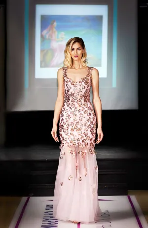 MILA Sequin Low Back Mermaid Evening Gown in Pink Lace