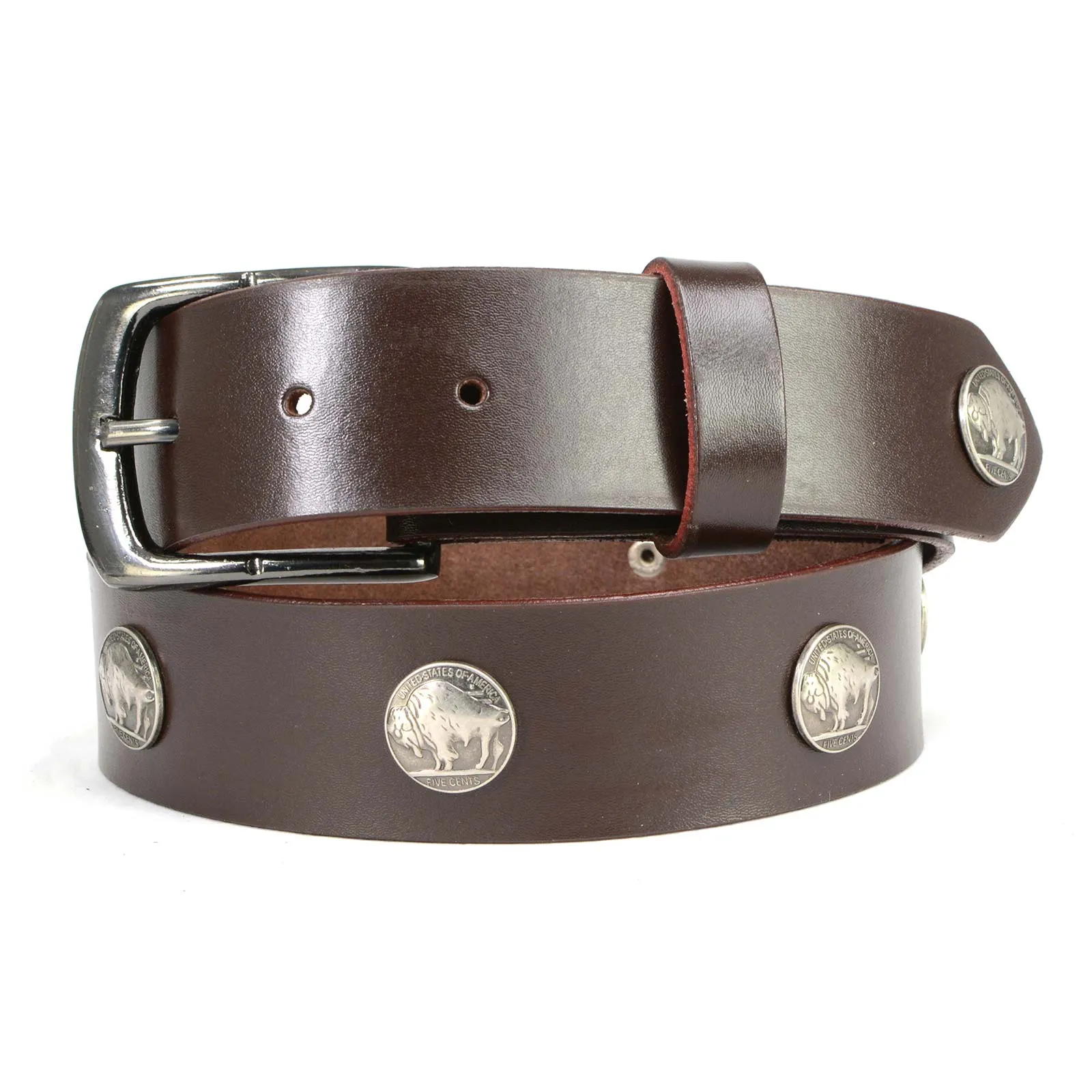 Milwaukee Leather MP7107 Men's 5 Cent Buffalo Coin - Brown Leather Belt w/ Interchangeable Buckle - 1.5 inches Wide