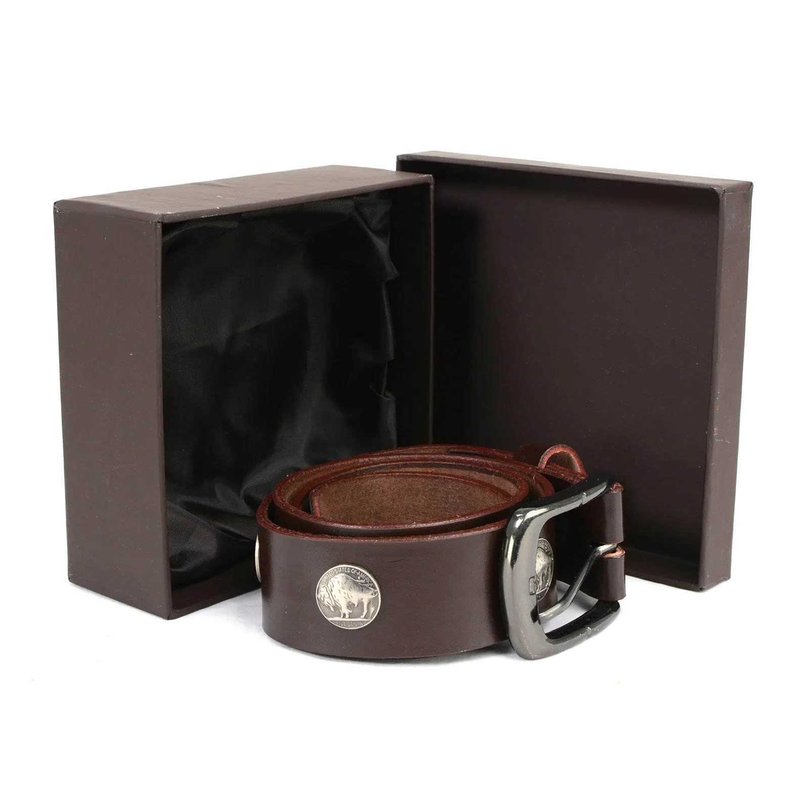 Milwaukee Leather MP7107 Men's 5 Cent Buffalo Coin - Brown Leather Belt w/ Interchangeable Buckle - 1.5 inches Wide