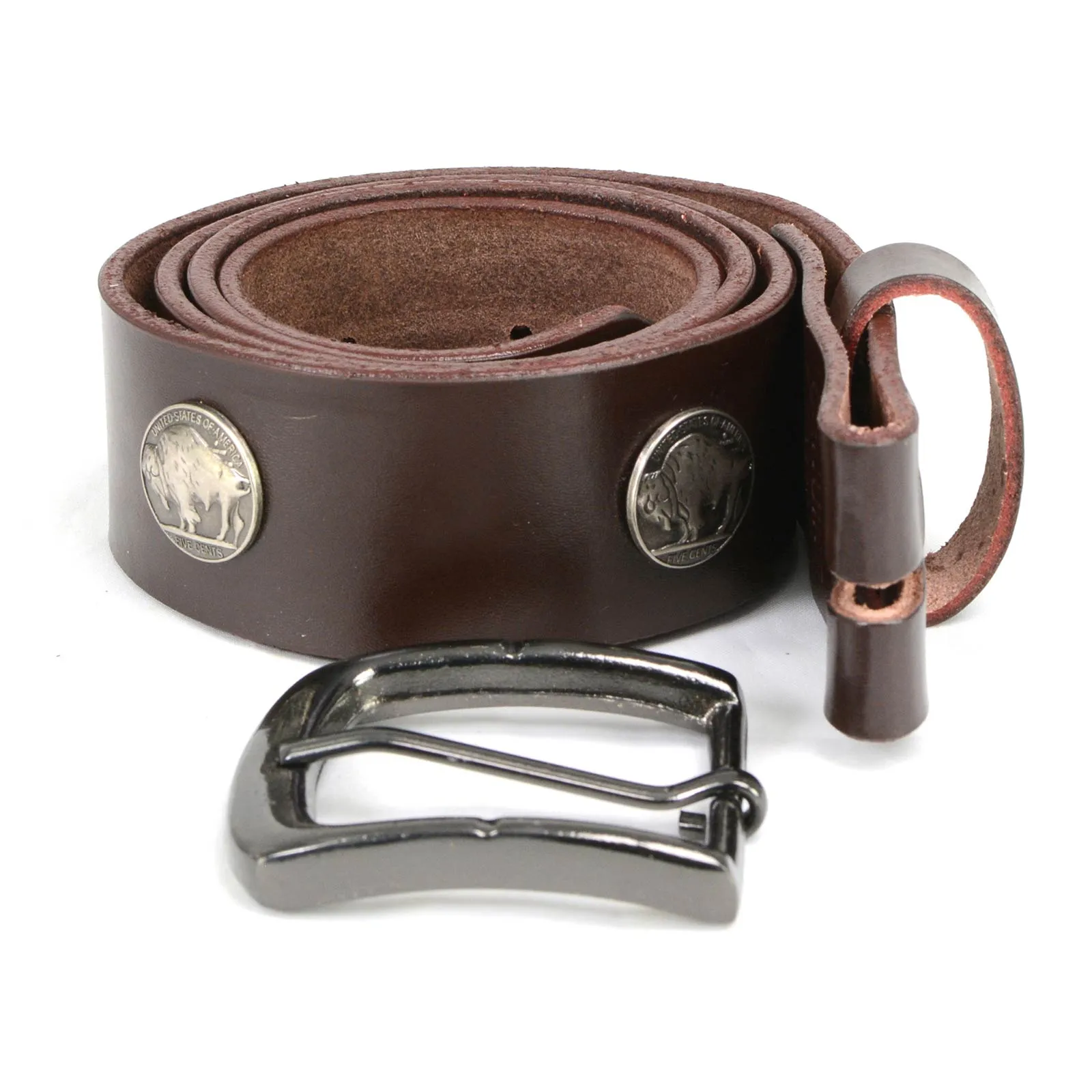 Milwaukee Leather MP7107 Men's 5 Cent Buffalo Coin - Brown Leather Belt w/ Interchangeable Buckle - 1.5 inches Wide